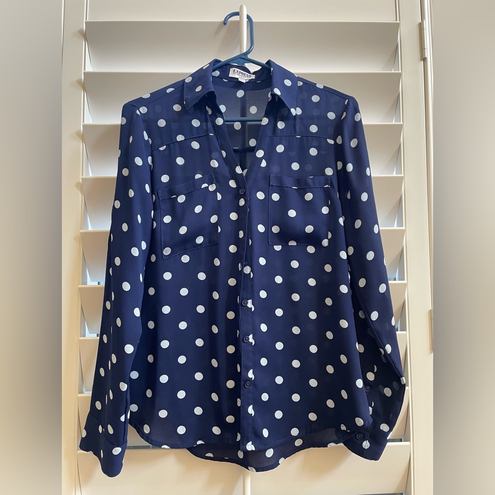 Express Blue Polka Dot Blouse. Size Small.